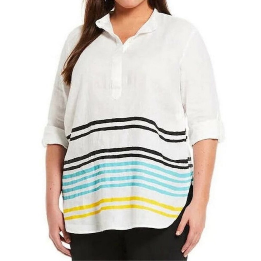 Lauren Ralph Lauren Striped Linen Tunic Top Size 2X White Band Collar Relax Fit - Picture 13 of 15